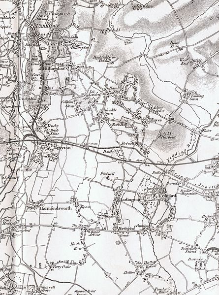 File:Harlington as seen on Ordnance Survey map sheet 71, 1822-1890, with railway added 1891.jpg