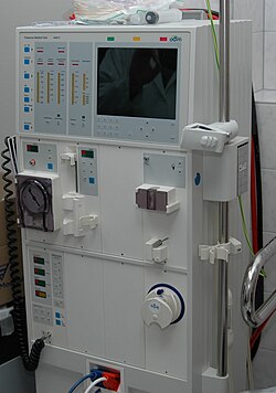 Hemodialysis, a process of purifying the blood of a person whose kidneys are not working normally Hemodialysismachine.jpg