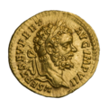 áureo.  Septimio Sever.  Anverso.  (anverso).  Cabeza de Septimius Severus con una corona de laurel, a la derecha.