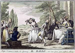 Eighteenth-century social dance. Translated caption: A cheerful dance awakens love and feeds hope with lively joy, (Florence, 1790) Il Ballo2.jpg