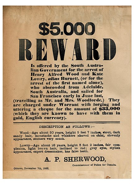 File:Is offered by the South Australian Government of the arrest of Henry Alfred Wood and Kate Lowry, alias Burnett, (or for the arrest of the first named alone), who absconded from Adelaide, South (8076814410).jpg