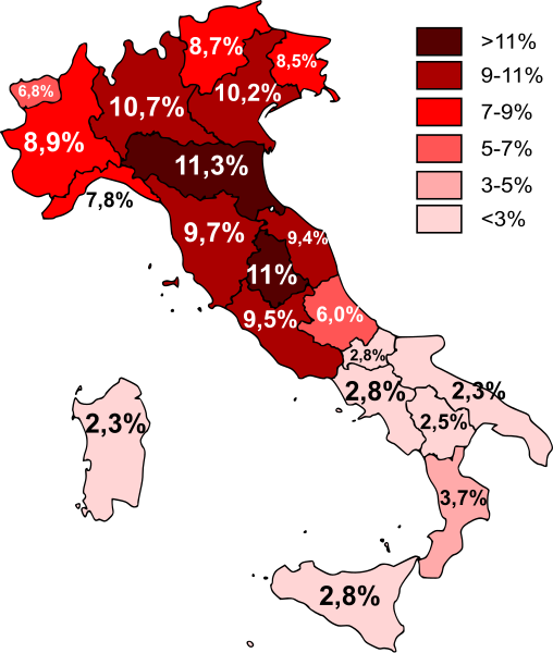 File:Italy, foreign residents as a percentage of the total population, 2011.svg