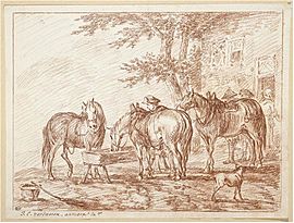 Three peasants leaving their horses to go to the hostel Jan Peeter Verdussen - Three peasants leaving their horses to go to the hostel.jpg