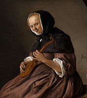 Woman Playing the cittern label QS:Lfr,"Femme jouant du cistre" label QS:Len,"Woman Playing the cittern" label QS:Lde,"Cisterspielerin" label QS:Lnl,"Sisterspelende vrouw" circa 1662 date QS:P,+1662-00-00T00:00:00Z/9,P1480,Q5727902 . oil on panelmedium QS:P186,Q296955;P186,Q106857709,P518,Q861259. 31 × 27.5 cm (12.2 × 10.8 in). The Hague, Royal Picture Gallery Mauritshuis.