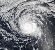 A photograph of a strengthening hurricane over the Eastern Pacific Ocean