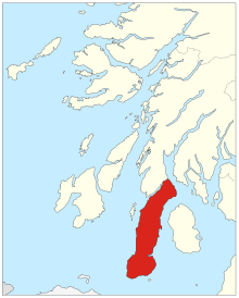 Kintyre is highlighted in red. The Mull of Kintyre properly refers to the headland at the southernmost end, but in this context the apparent angle of the whole peninsula is the relevant standard against which a penis would be compared.