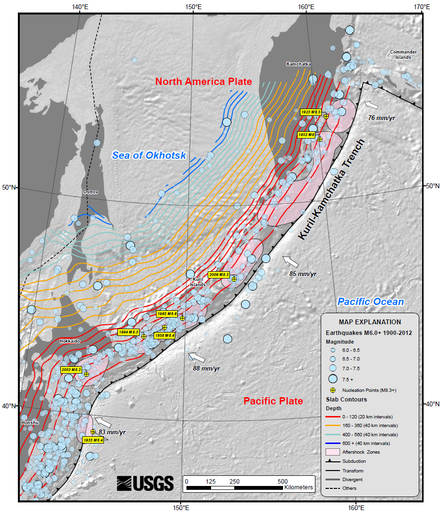 Map of earthquake epicenters at the Kuril–Kamchatka trench and subduction zone