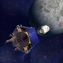 An illustration of the LCROSS Centaur rocket stage and Shepherding Spacecraft as they approach impact with the lunar south pole on October 9, 2009. LCROSS Centaur.jpg