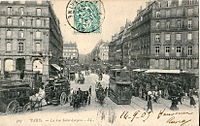 Rue Saint-Lazare tidlig på 1900-tallet, med stor trafikk av busser og damptrikker.