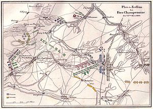 Illustration av uppställningen i slaget vid Fère-Champenoise, Kausler / Woerl 1840