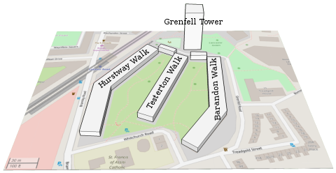 Map of the western side of the Lancaster West Estate. The fire also severely affected three low-rise "finger blocks" adjoining Grenfell Tower.
