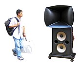 Other version, loudspeaker box and passer-by looking at it