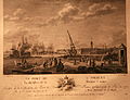 Dessin de Nicolas Ozanne et gravure d'Yves-Marie Le Gouaz : Le port de L'Orient vu du quai de la machine à mâter.