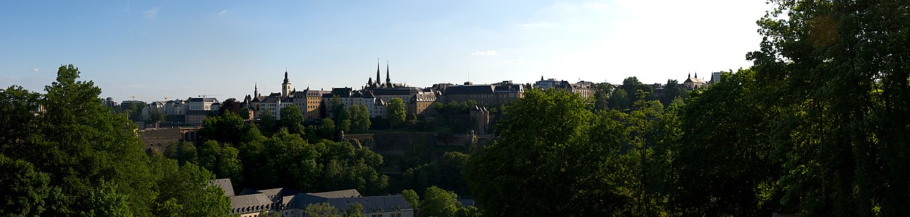 Panoramic view of Luxembourg city seen from the other side of the valley at Kirchberg