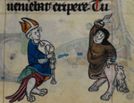Musicerende bisschop en dansende non, beiden met dierlijk onderlijf (f49r)