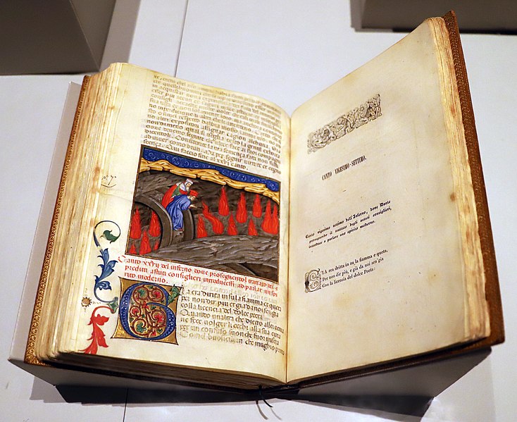 File:Maestro delle vitae imperatorum, dante e virgilio si rivolgono alle fiamme dell'ottava bolgia, 1450 ca. (imola, bibl. comunale) 01.jpg