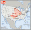 English: Comparison of the areas of two country. The area of Mali with biggest cities (red) overlay the area of the United States of America (gray background). Українська: Порівняння площ територій двох країн. Територія Малі з найбільшими містами (червоний колір) спроектована на територію США (сірий колір). Підписи зроблено англійською мовою.