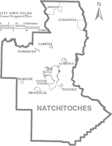 Map of Natchitoches Parish, with communities