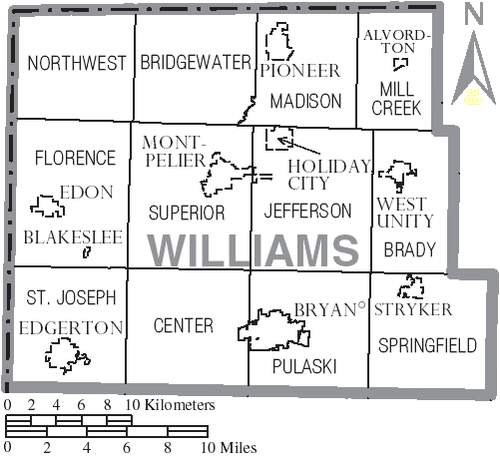 Map of Williams County, Ohio with municipal and township labels