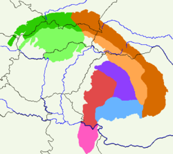 הרי הקפרטים - בצבע אדום - הקרפטים המערביים הרומנים, ובצבע ורוד - סרביה קרפטית או הרי ורשץ