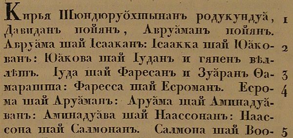 The first lines of the Book of Matthew in Karelian using the Cyrillic script, 1820