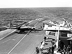 McDonnell F2H-3 Banshee is positioned on the catapult of HMCS Bonaventure (CVL 22), in 1957.jpg