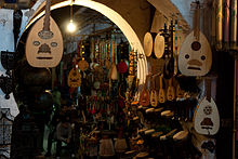 Ouds in a shop in Marrakesh Medina guitars, Marrakesh, Morocco.jpg