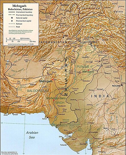 Mehrgarh shown in a physical map of the surrounding region