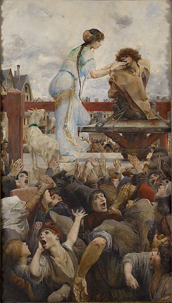 Esmeralda gives water to Quasimodo tied to the pillory. A Tear for a Drop of Water by Luc-Olivier Merson (1903).