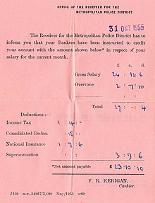 1955 payslip issued by the Office of the Receiver for the Metropolitan Police District Metropolitan Police 1955 Payslip.jpg