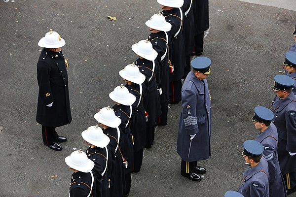 Buglers in greatcoats during the 2015 Remembrance Day Service at the Cenotaph, London.