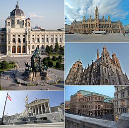 Von oben, von links nach rechts: Kunsthistorisches Museum, Wiener Rathaus, Stephansdom, Wiener Staatsoper und Österreichisches Parlamentsgebäude