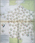 Mouvement quinquennial de la population par département depuis 1801 jusqu'en 1881. Dans la terminologie d'Émile Cheysson, il s'agit d'un « cartogramme à foyers diagraphique »[11].