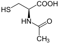 Deutsch: Struktur von N-Acetyl-L-cystein (ACC, NAC) English: Structure of N-acetyl-L-cysteine (ACC, NAC)