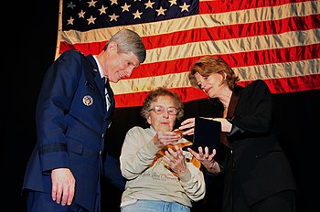 Nancy Lee Baker, longtime Fairbanks resident, receives a special honor from Sen. Lisa Murkowski and Chief of Staff of the Air Force, Gen. Norton A. Schwartz. Baker, a Women Airforce Service Pilot flew various military aircraft during World War II, her contributions help pave the way for the integration of female pilots into the military. Nancy Lee Baker 2.jpg
