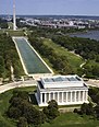 Aerial view of the Lincoln Memorial, reflecting pool, and Washington Monument