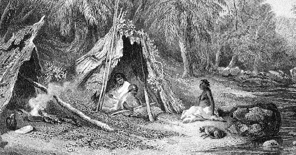 A 19th-century engraving of an Aboriginal Australian encampment