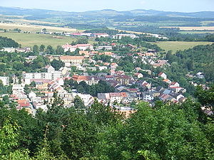 View from Nevděk over Žlutice to the north, in the background the Duppau Mountains
