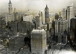 This view from the southwest shows how Hudson Terminal was situated on what would become the World Trade Center site. The terminal is at center-left; in the background to its left is the Woolworth Building; in the background to its right are the Singer Building and the Equitable Building; and in the foreground to its right is 90 West Street. New York City aerial view 1919.jpg