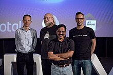 Opening keynote Devoxx Belgium 2018 with James Gosling, Mark Reinhold, Venkat Subramaniam and Stephan Janssen. Opening keynote Devoxx Belgium 2018.jpg