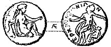 Античная монета Орхоменоса на которой отображён аркадский вариант мифа о Каллисто