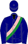 Navy blue, pink and green sash and hooped cap