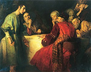 Judas receiving thirty pieces of silver for betraying Jesus, by Janos Pentelei Molnar, 1909. P. Molnar The Thirty Pieces of Silver 1909.jpg