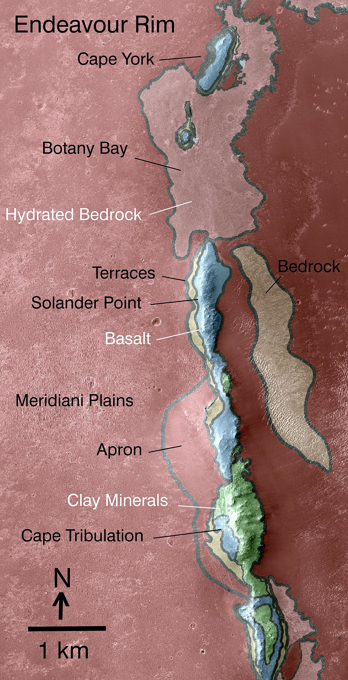 Solander Point is a location on the Western Rim of Endeavour crater, shown here in this geological map produced with data from MRO's CRISM instrument PIA13708westernrimgeo.jpg