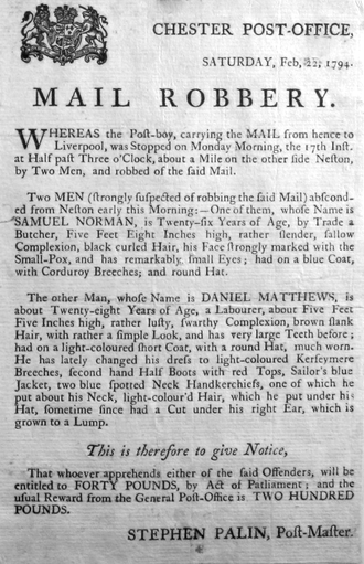 1794 post office notice of reward concerning the robbery of the mail between Chester and Liverpool PO Notice 1794 Mail Robbery (improved).png