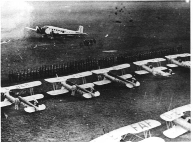 Parade formation of the flying school in 1935 with Junkers Ju 52, Focke-Wulf Fw 44 and Heinkel He 72.