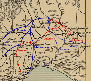 The French advance into Lombardy, and the Pavia campaign of 1524-25. French movements are indicated in blue and Imperial movements in red. Pavia campaign (1524-25).png
