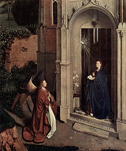 Circle of van Eyck, or Petrus Christus. Friedsam Annunciation from the Metropolitan; the right side of the doorway is Romanesque (Old Covenant), and the left Gothic (New Covenant). The garden is overgrown, with the outer wall falling down.