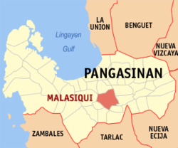 Mapa ng Pangasinan na nagpapakita sa lokasyon ng Malasiqui.