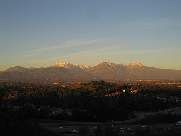 Pomona Freeway in the foreground, with Phillips Ranch, and Mt. San Antonio in the background